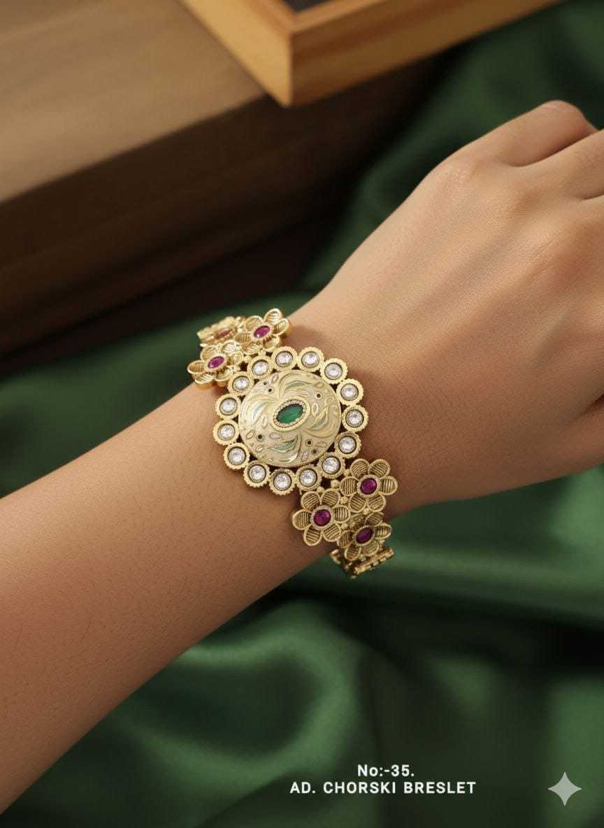 Kundan Meena Bracelet with Textured Gold Band