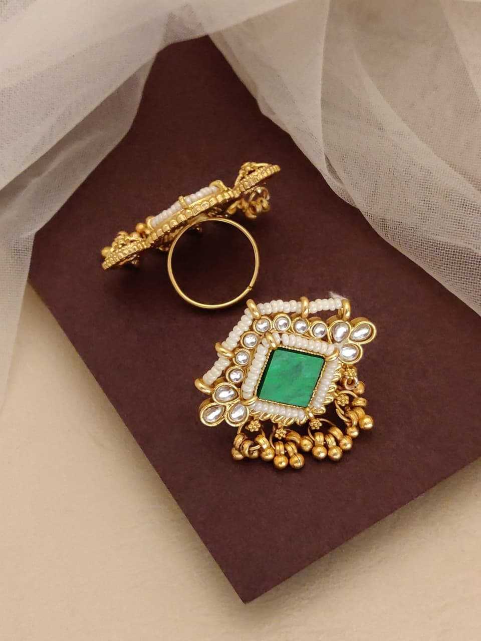 Kundan Statement Finger Ring with Pearl Border and Ghungroo
