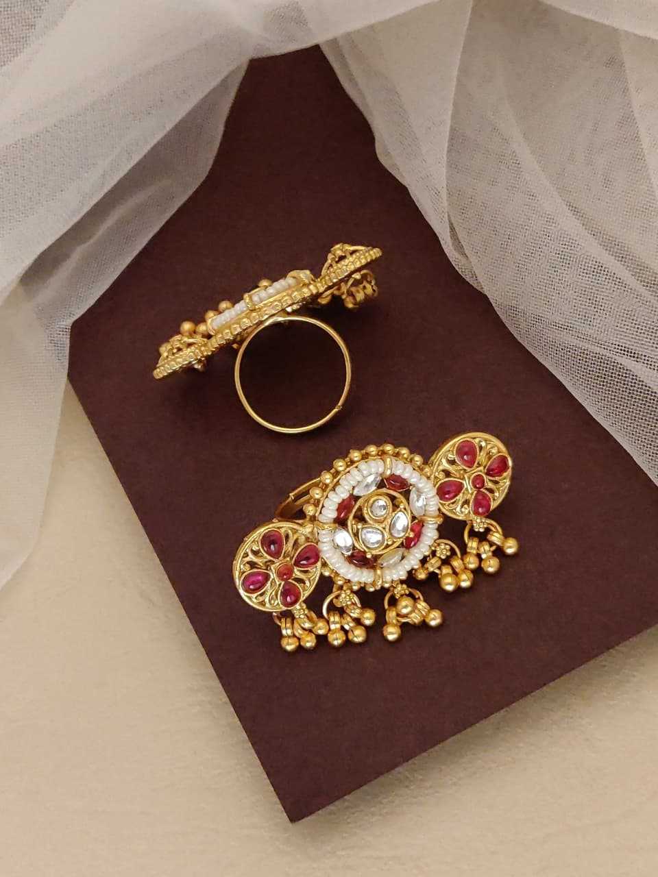 Kundan Statement Finger Ring with Pearl Border and Ghungroo