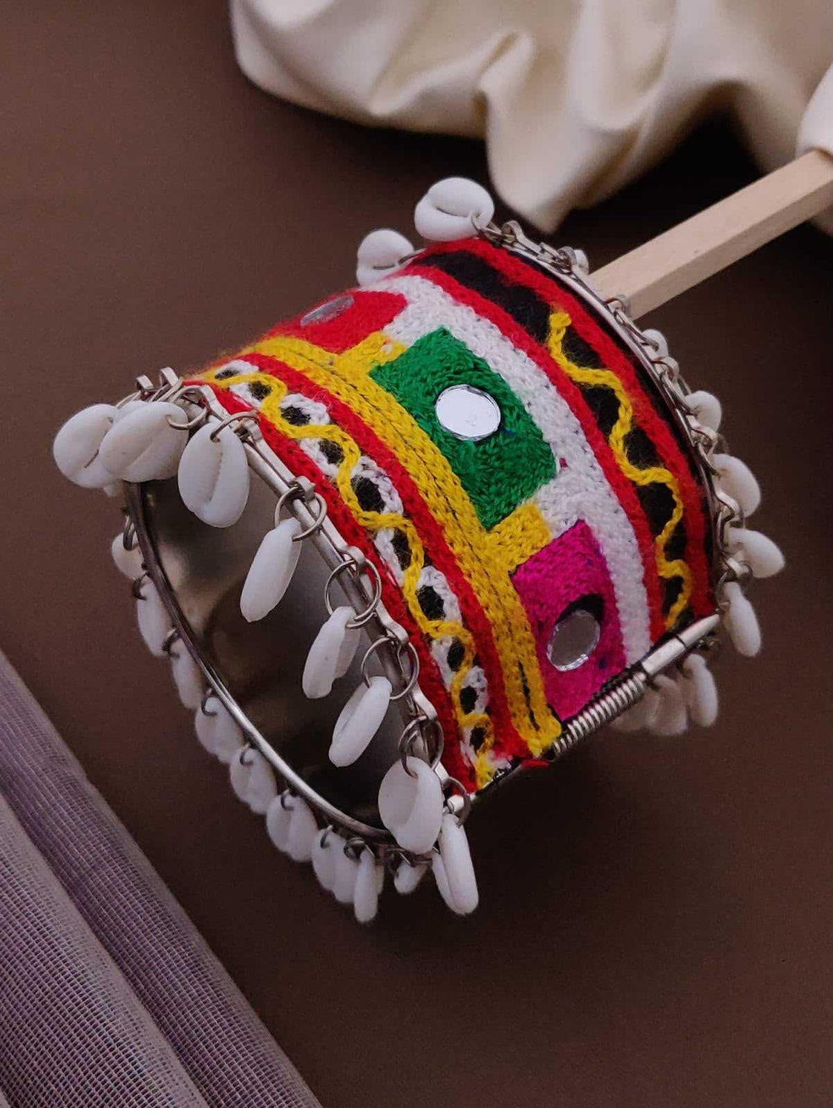Kutchi Embroidered Mirror Kada with White Cowrie Fringe