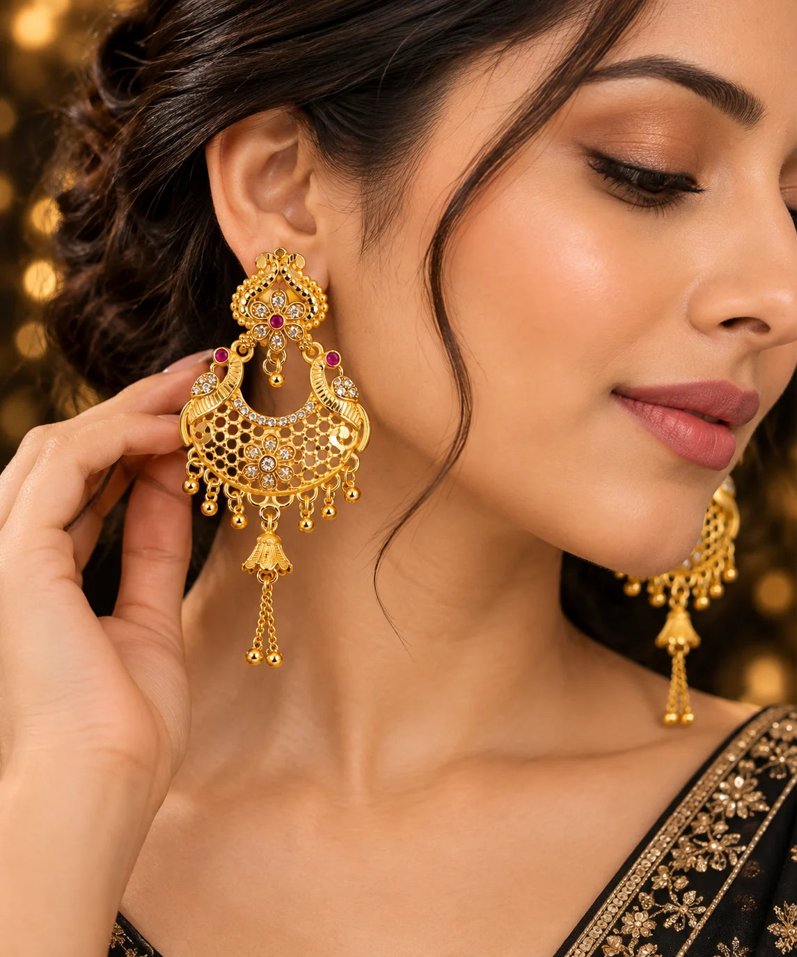 Traditional One Gram Gold Plated Chandbali Dangle Earrings for Women