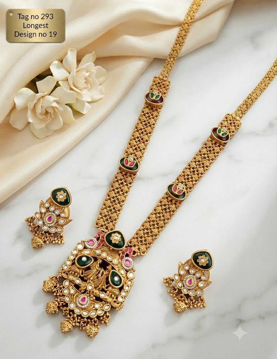 Lakshmi Pendant Long Haram Set with Green Enamel and Kundan