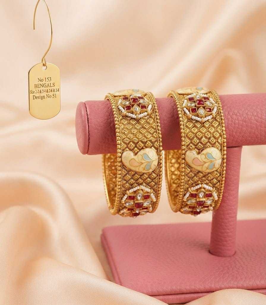 Lattice Textured Bangle Pair with Enamel Paisley and Ruby Kundan