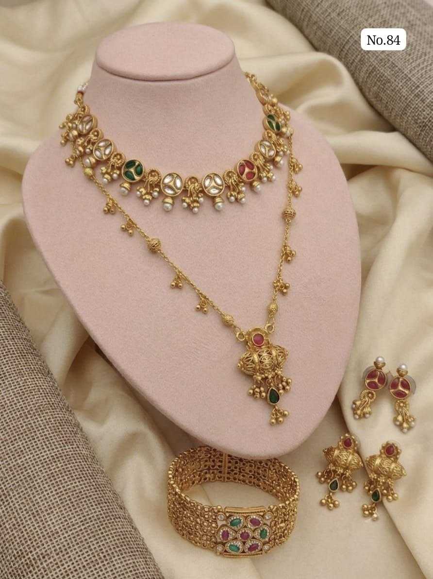 Layered Choker Set with Ruby Green Stones & Pearls