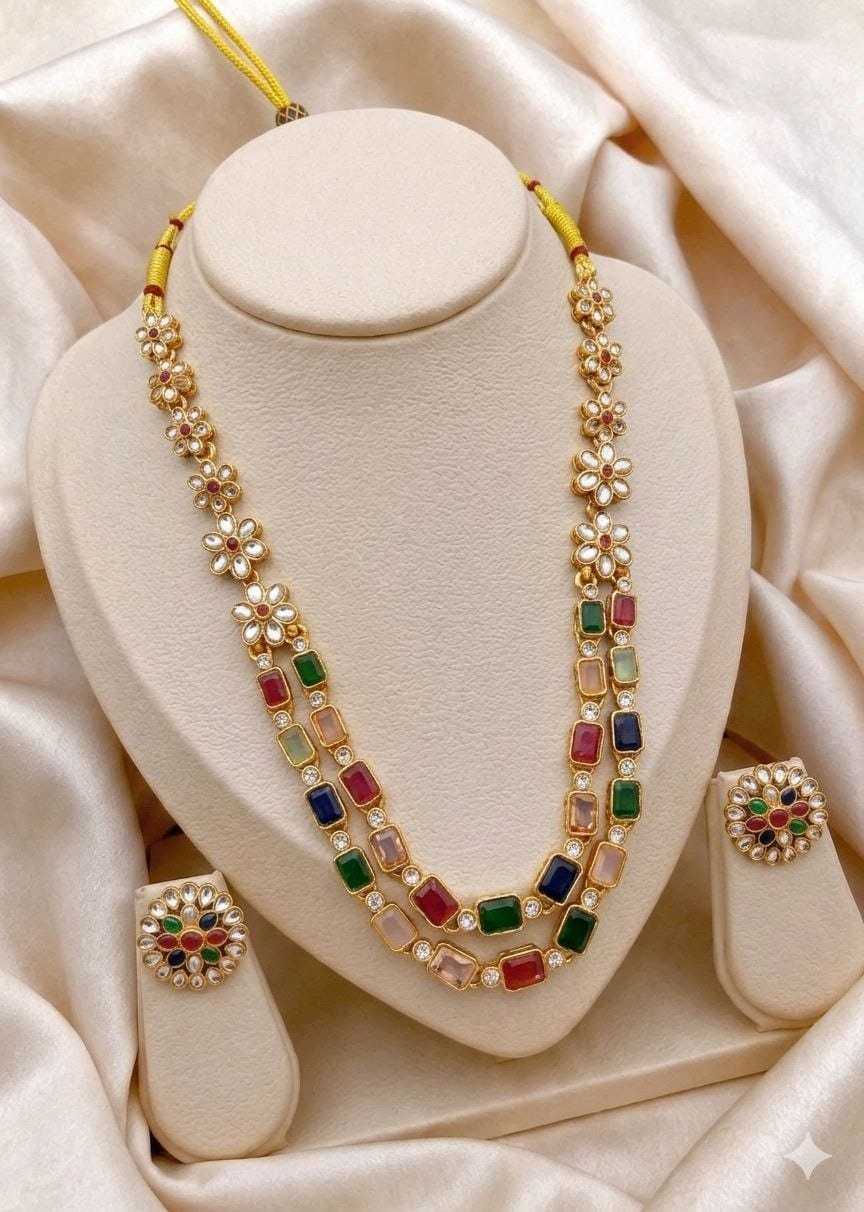 Layered Kundan Necklace with Coloured Stone Rows