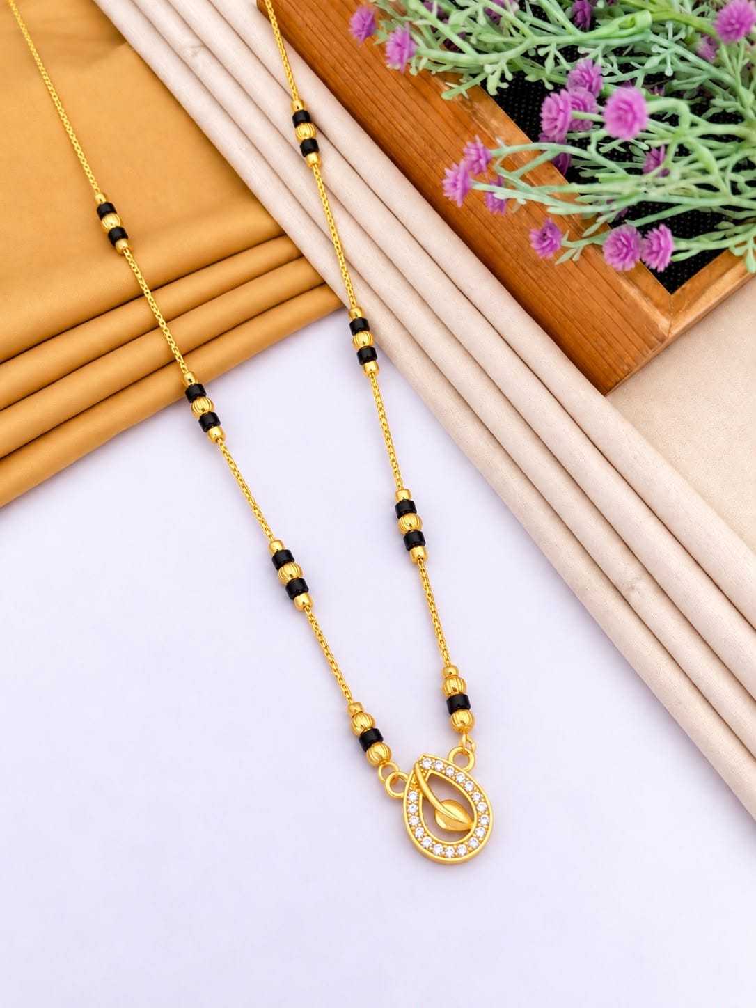 Leaf Curl CZ Pendant Mangalsutra on Fine Gold Chain