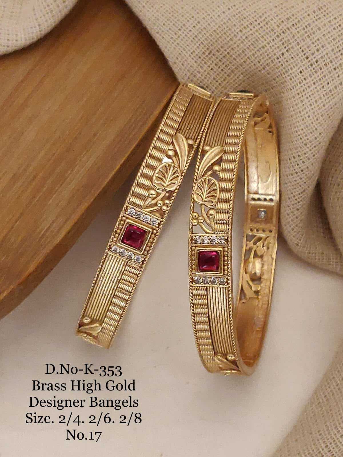 Leaf Engraved Gold Bangle Pair with Square Ruby Stone