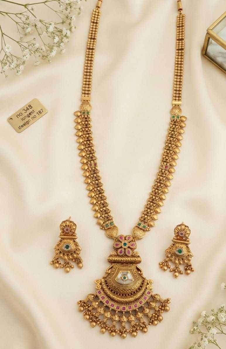 Leaf Link Long Haram Set with Fan Pendant and Ruby Squares