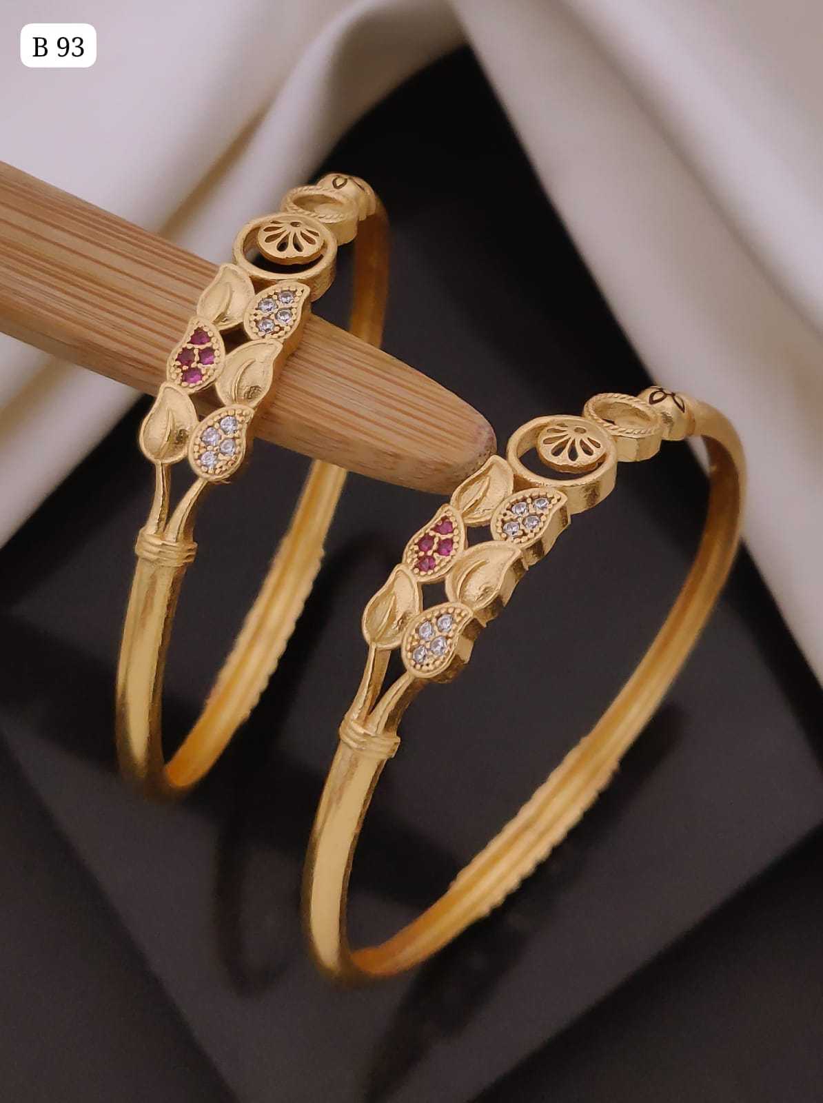 Leaf Motif Gold Bangle Pair with CZ and Ruby Stones