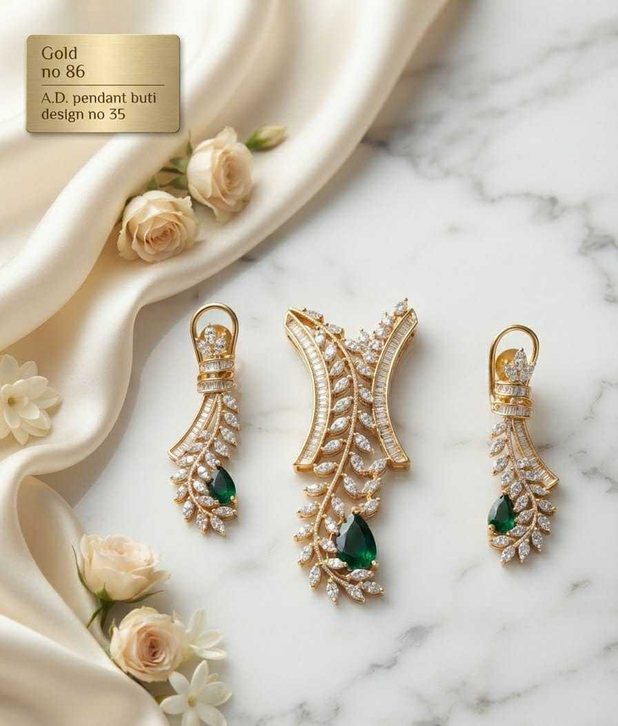 Leaf Vine AD Pendant Set with Emerald Green Drops and Earrings
