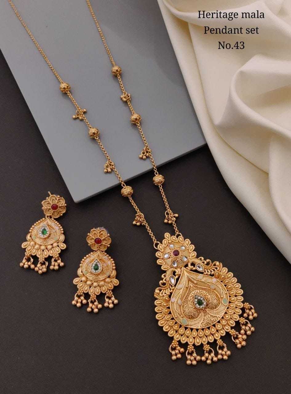 Long Bead Chain Pendant Set with Kundan & Gold Bead Fringe