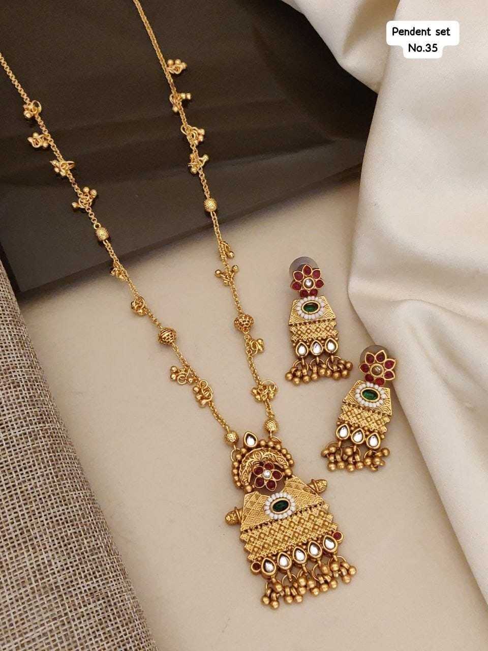 Long Ghungroo Chain Pendant Set with Kundan and Ruby Stones