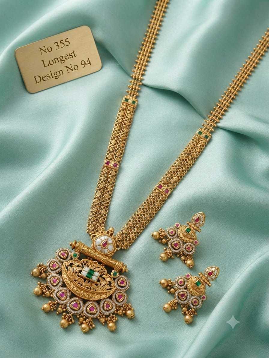 Long Haram Set with Crescent Pendant Ringed in Ruby Hearts