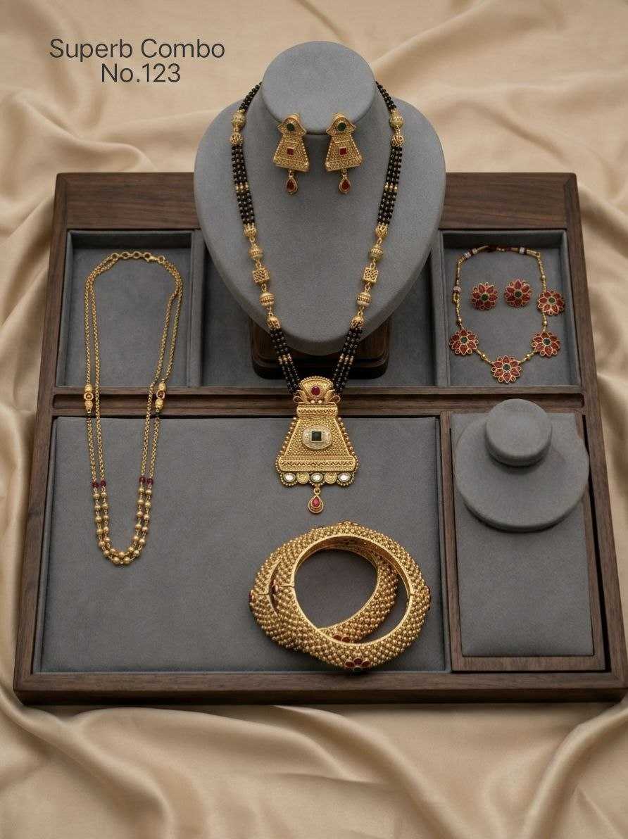 Long Mangalsutra Combo with Gold Bead Bangles and Ruby Flower Set