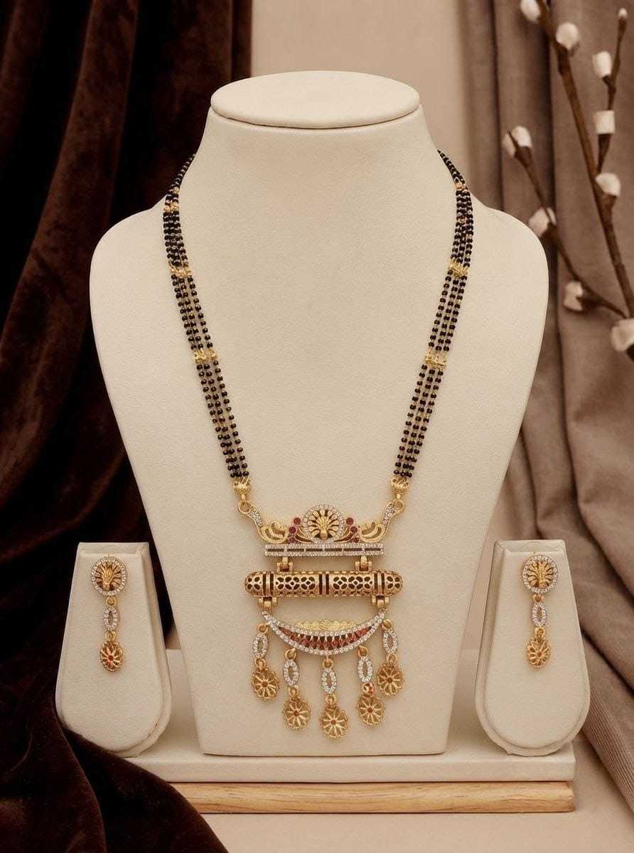 Long Mangalsutra Set with Bar Pendant & Fringe