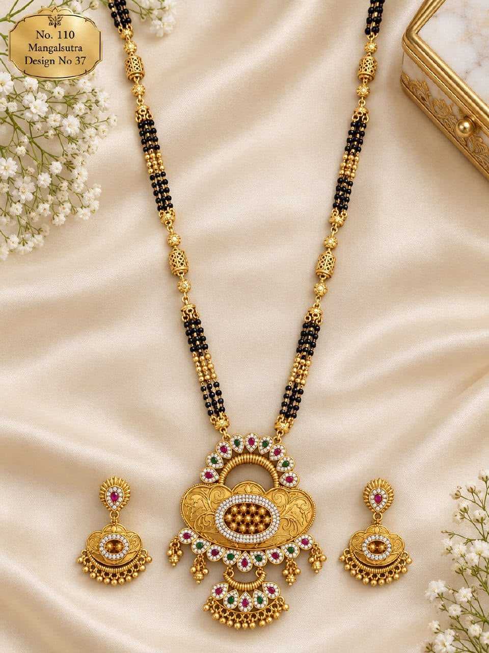 Long Mangalsutra Set with Engraved Oval Pendant and Stone Border