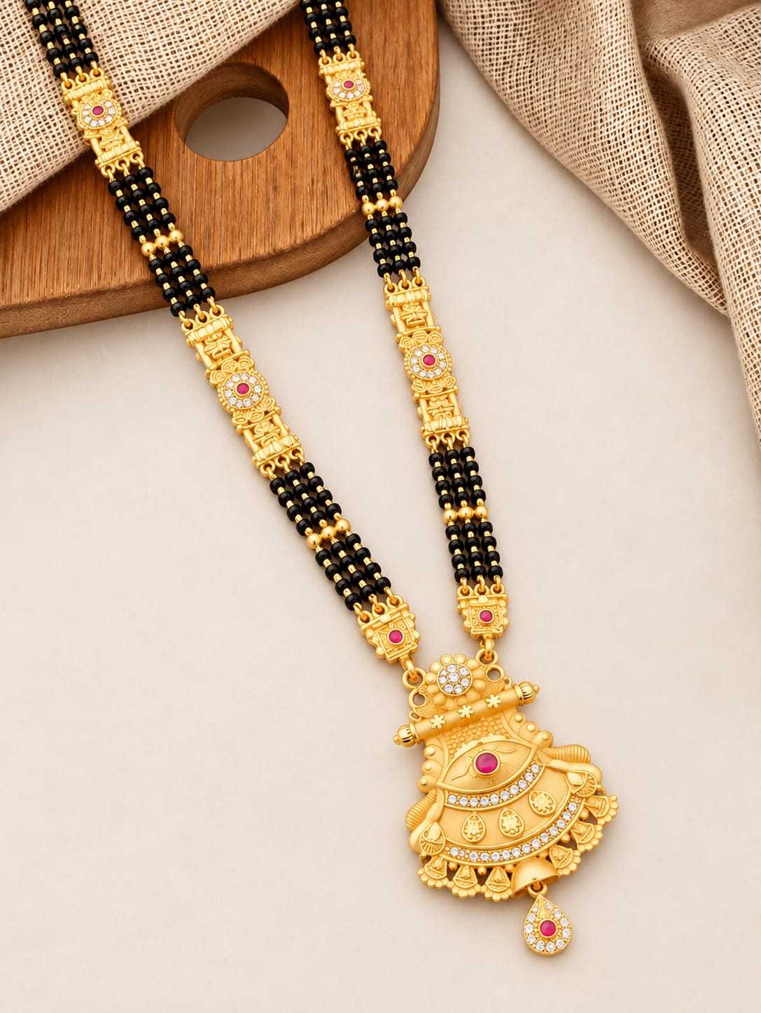 Long Mangalsutra with Gold Panel Links and Ornate Pendant