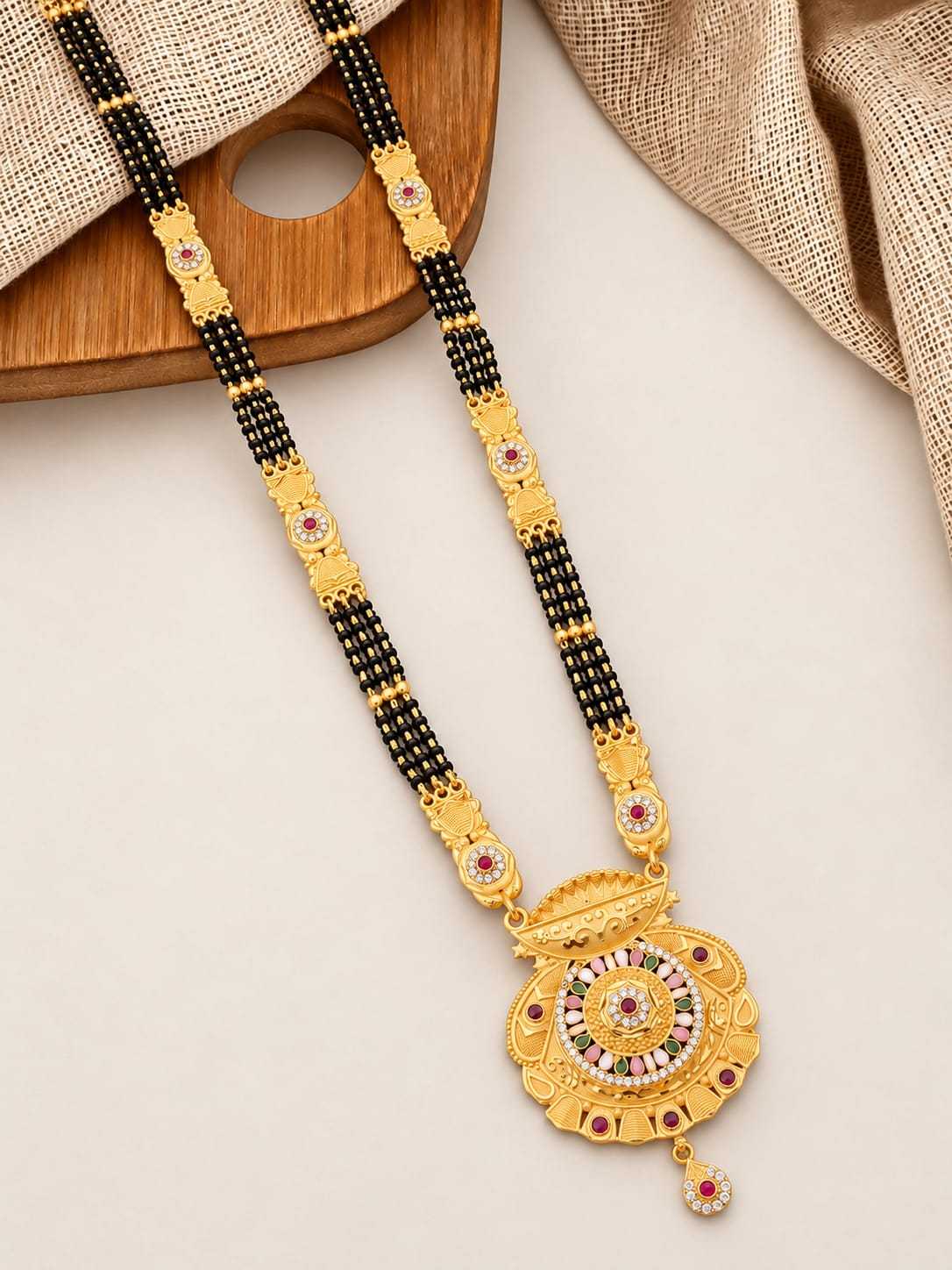 Long Mangalsutra with Gold Panel Links and Ornate Pendant