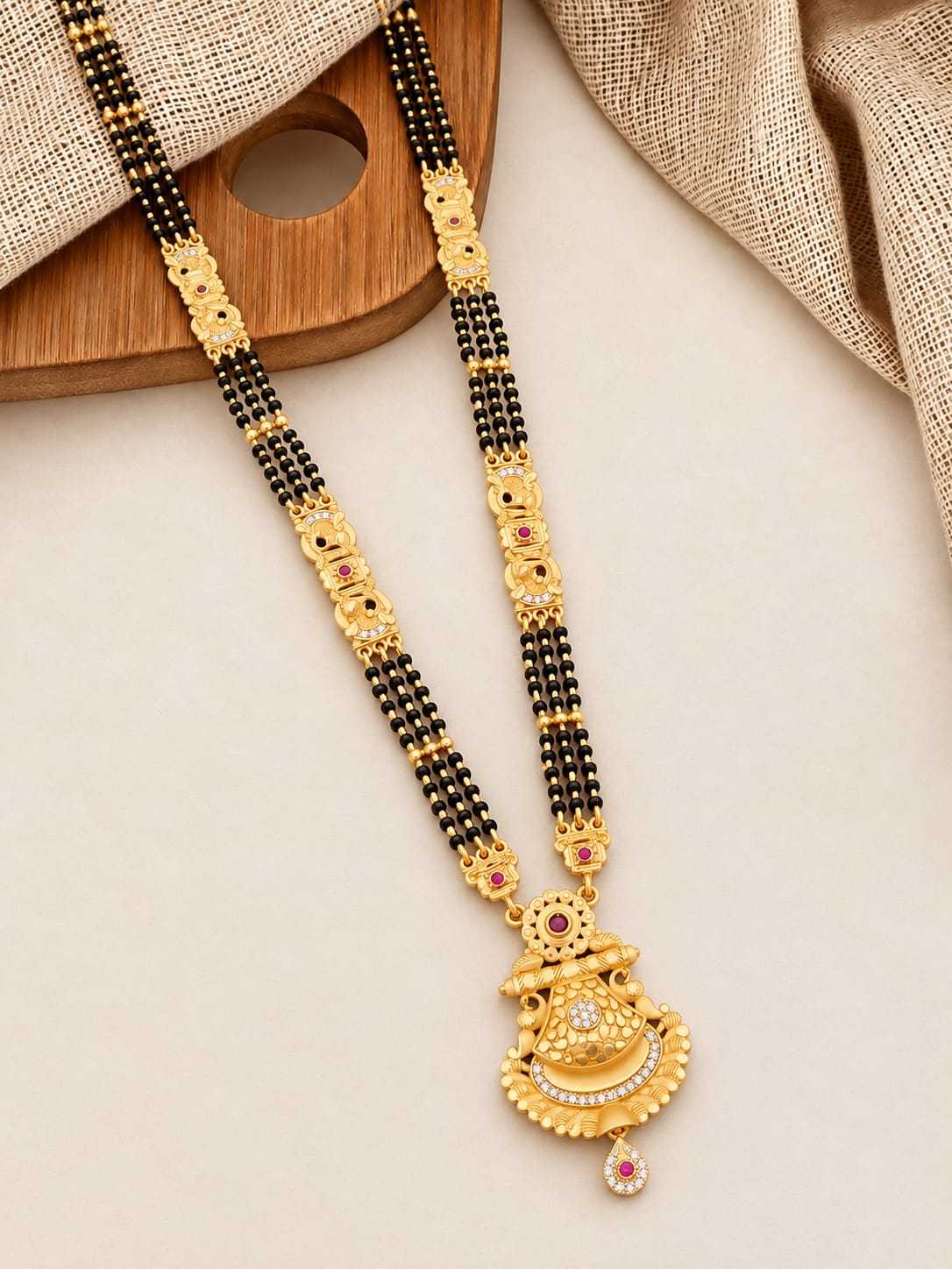 Long Mangalsutra with Gold Panel Links and Ornate Pendant