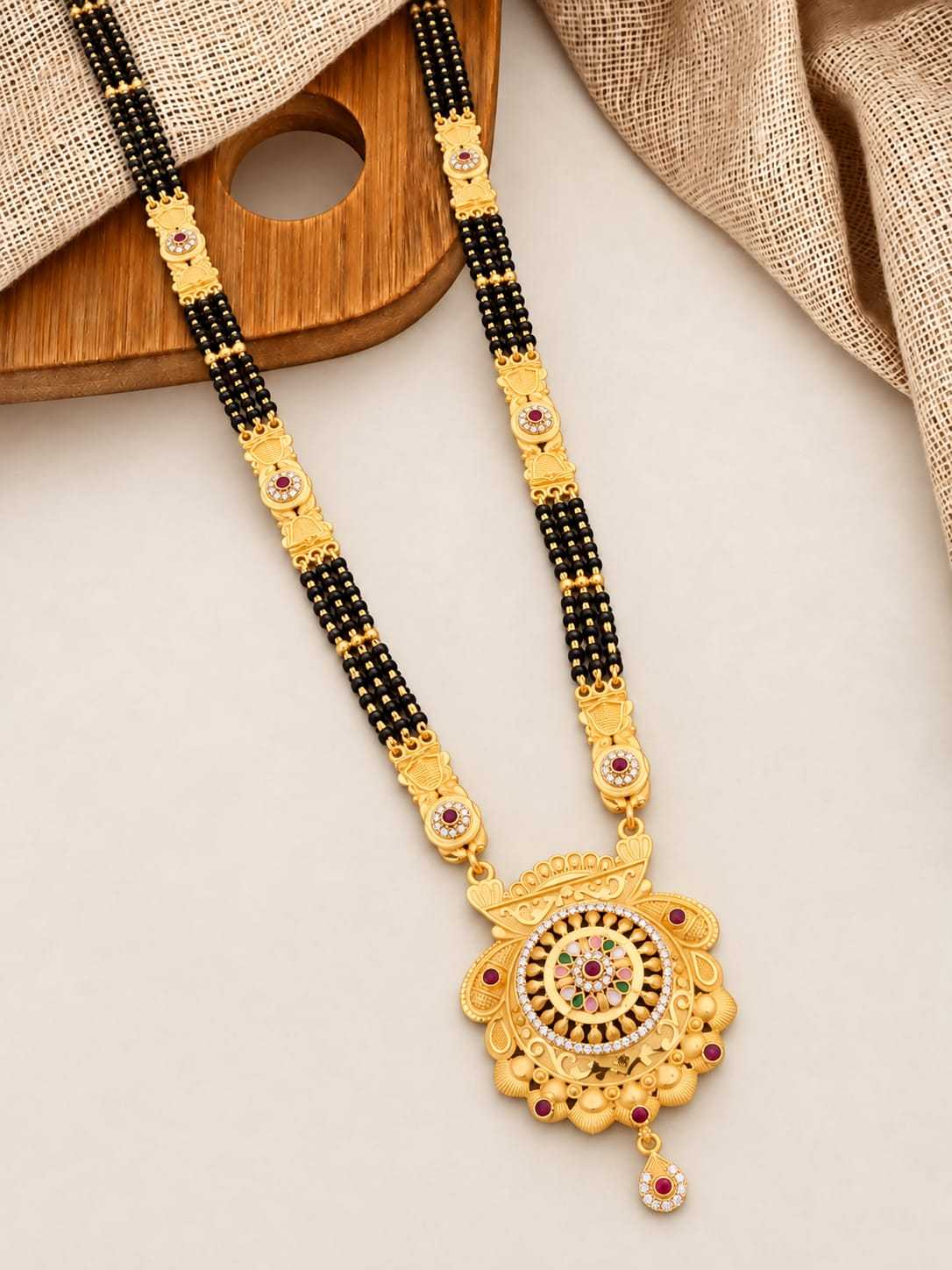 Long Mangalsutra with Gold Panel Links and Ornate Pendant
