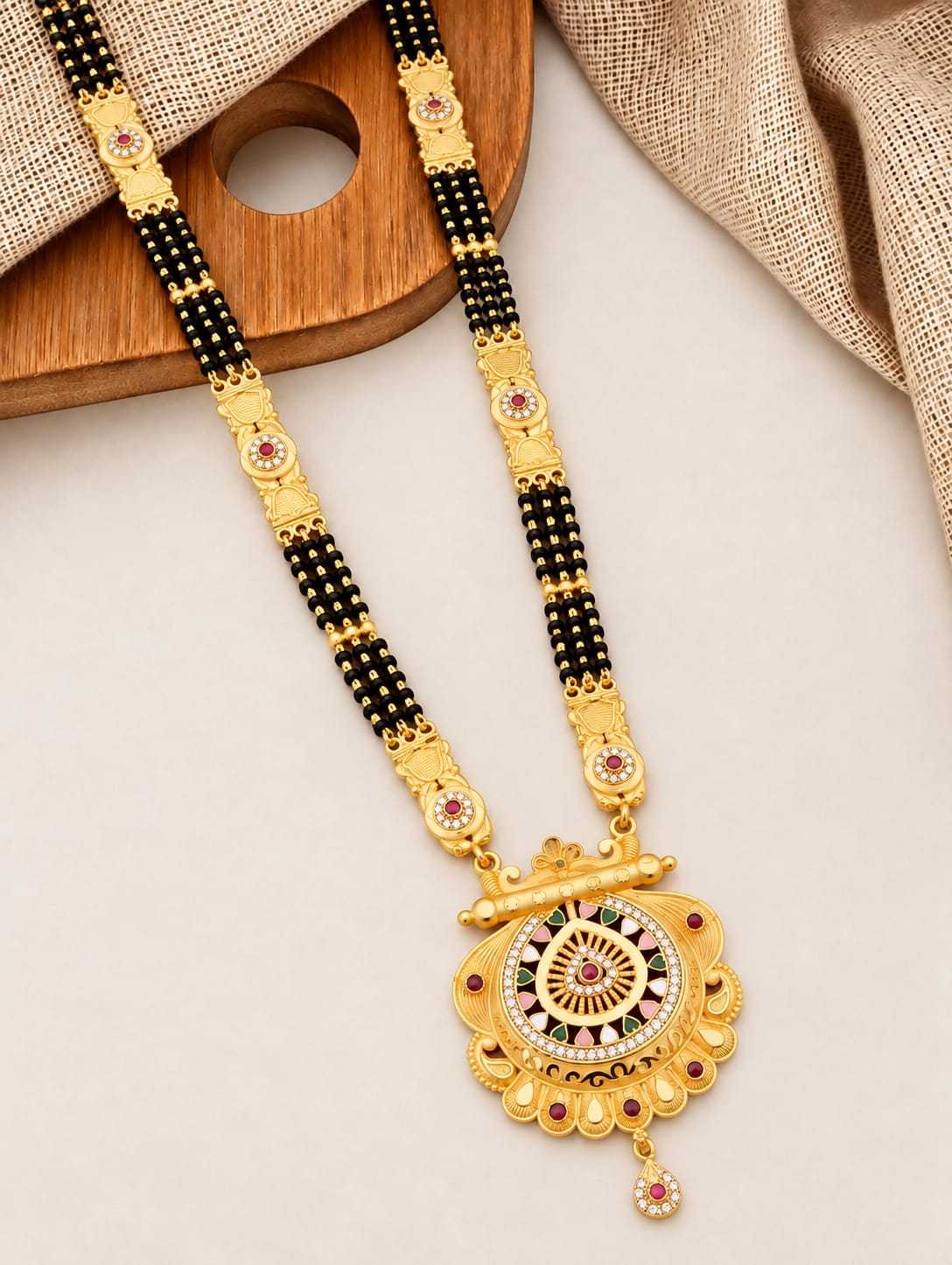 Long Mangalsutra with Gold Panel Links and Ornate Pendant