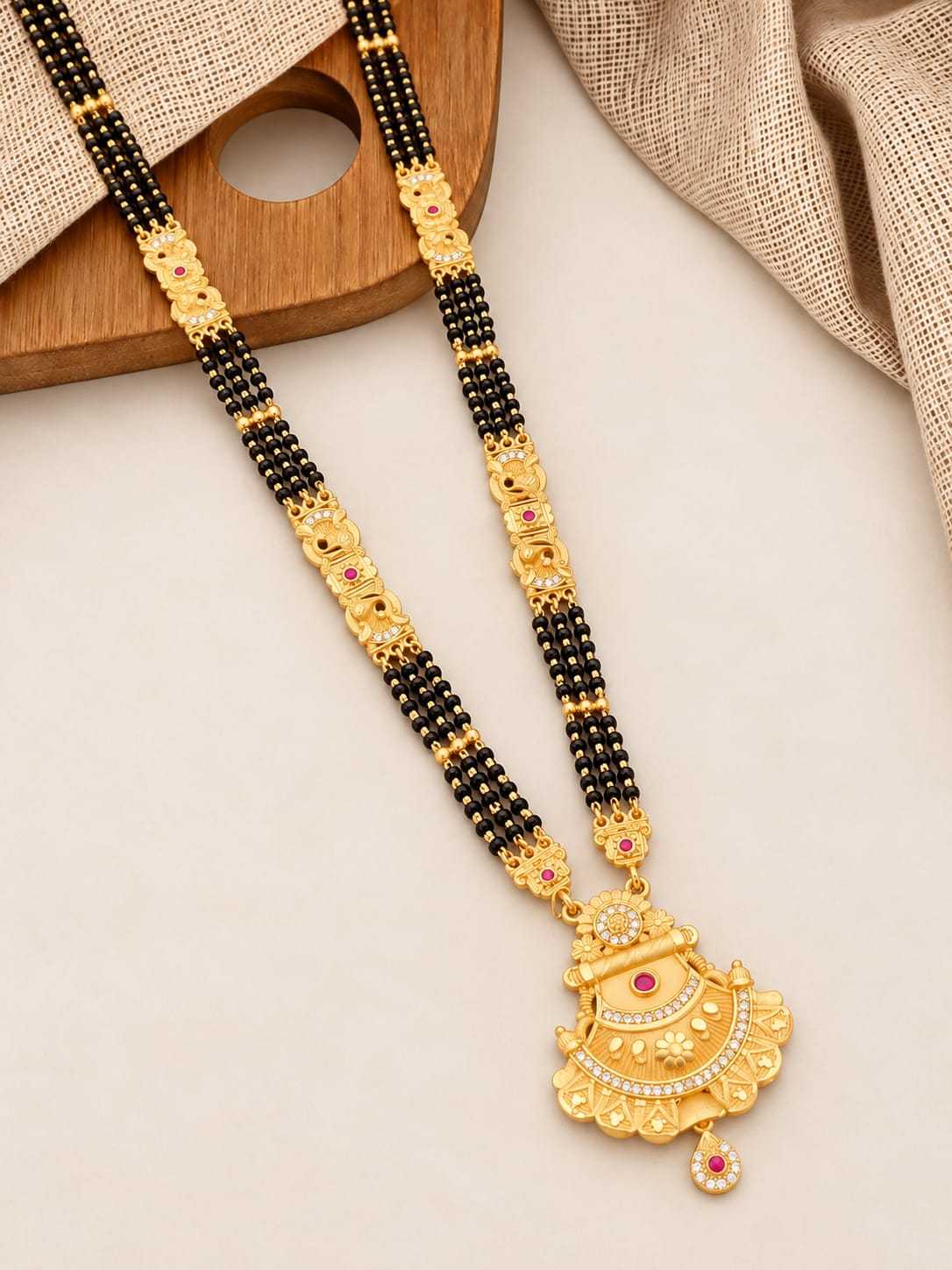 Long Mangalsutra with Gold Panel Links and Ornate Pendant
