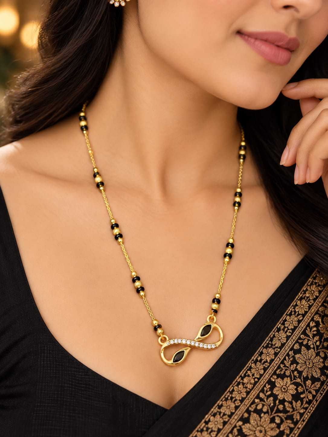 Long Minimal Mangalsutra with Infinity, Bow and Hexagon Pendants