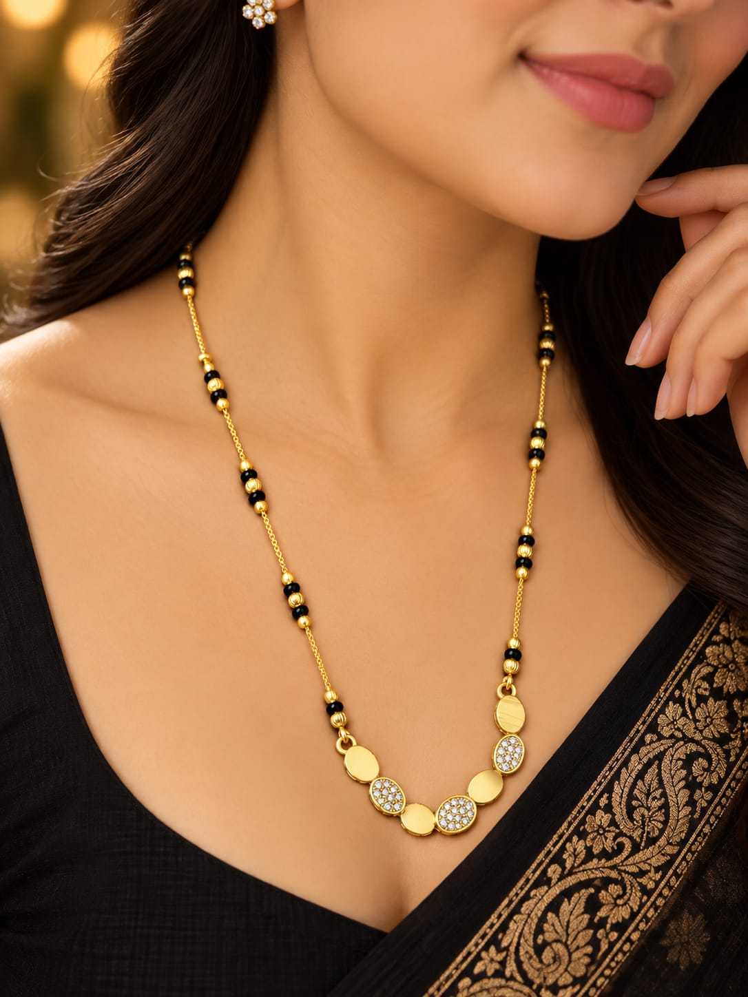 Long Minimal Mangalsutra with Infinity, Bow and Hexagon Pendants