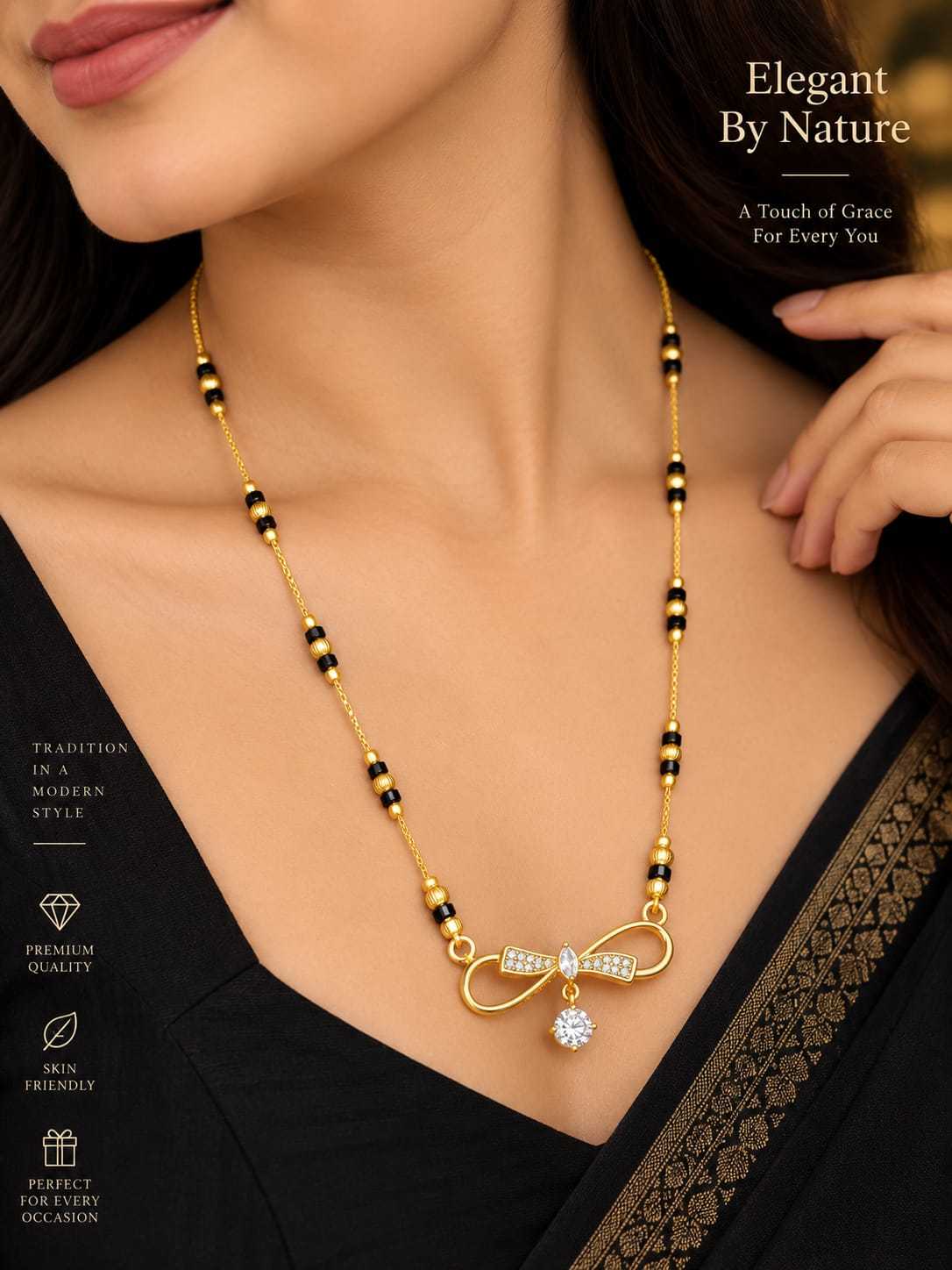 Long Minimal Mangalsutra with Infinity, Bow and Hexagon Pendants