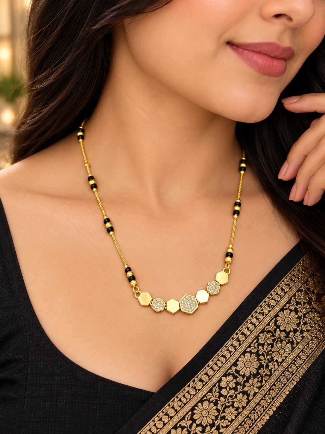 Long Minimal Mangalsutra with Infinity, Bow and Hexagon Pendants