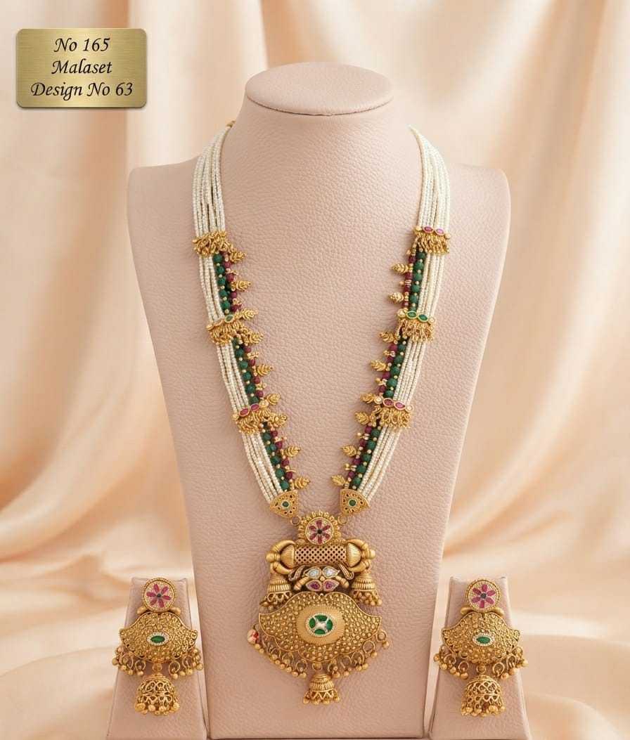 Long Pearl Rani Haar with Green Bead Lines and Jhumka Drop Pendant