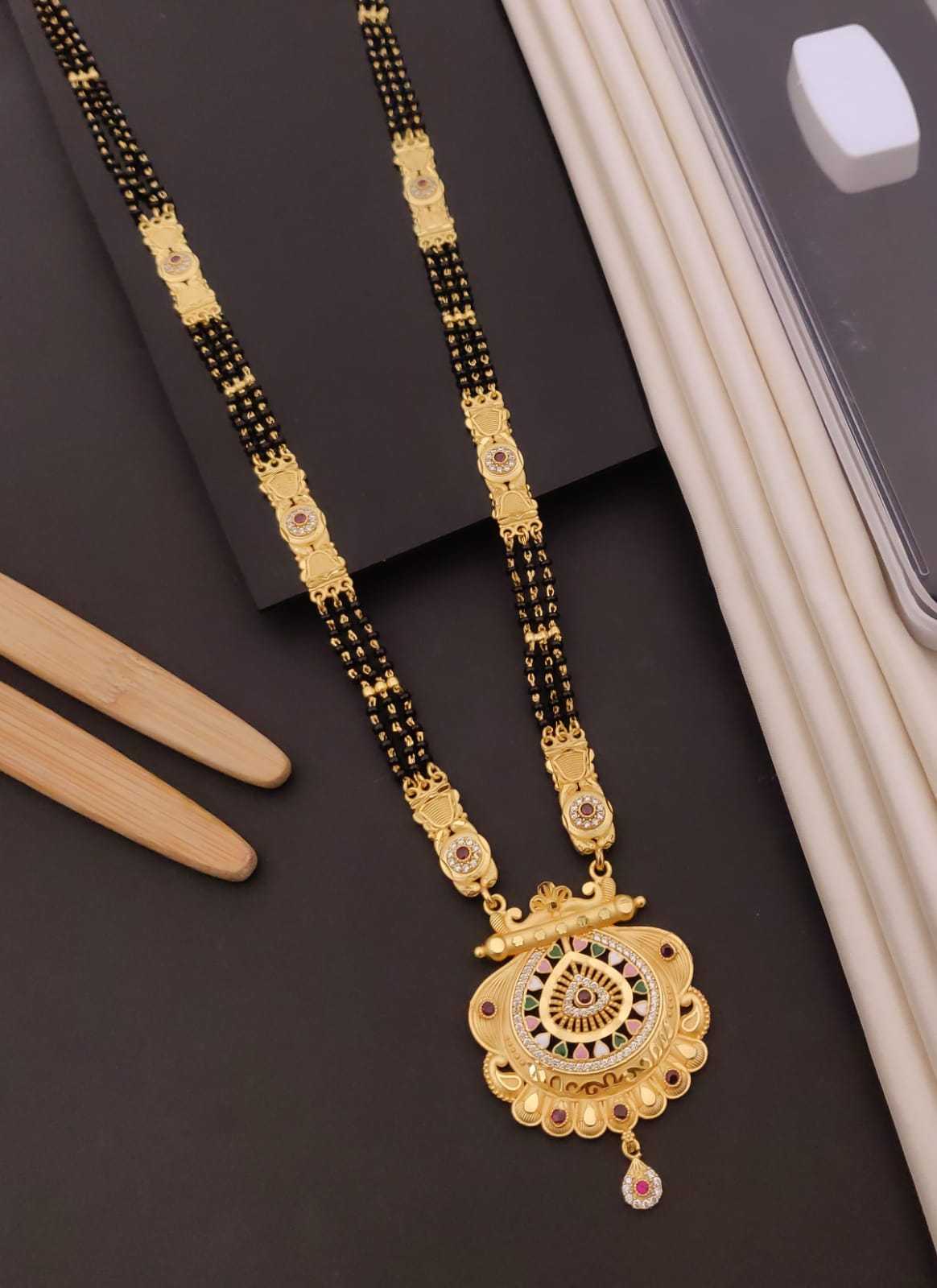 Long Rajwadi Mangalsutra with Engraved Panels and Round Pendant