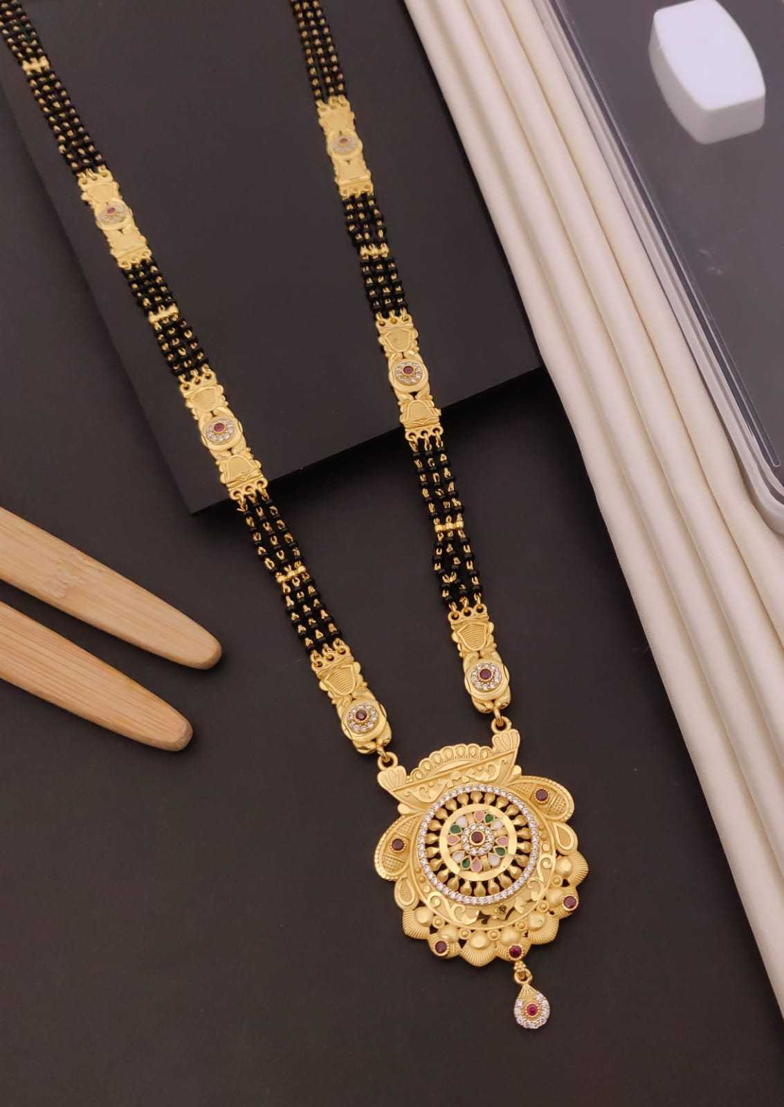 Long Rajwadi Mangalsutra with Engraved Panels and Round Pendant