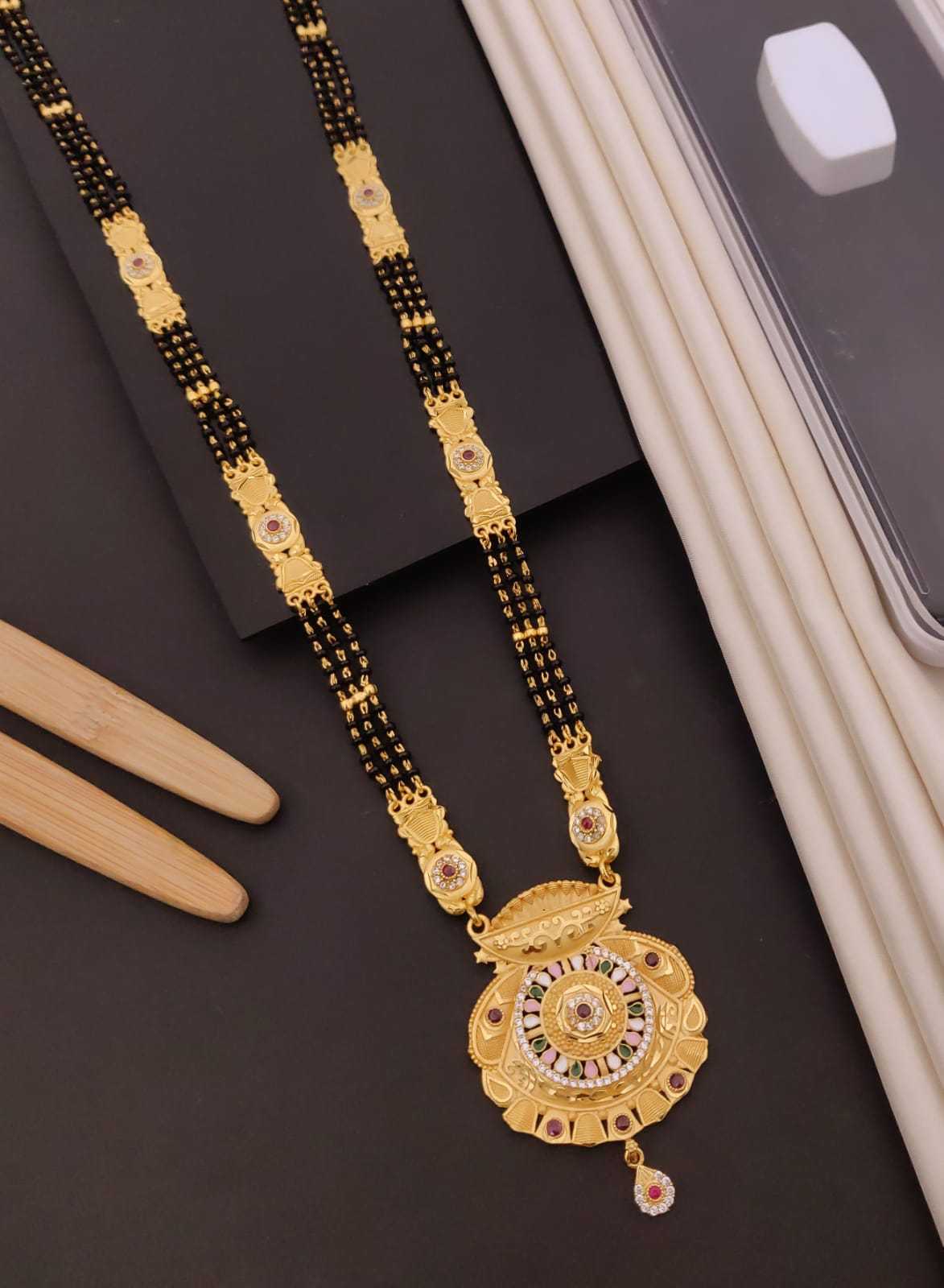 Long Rajwadi Mangalsutra with Engraved Panels and Round Pendant