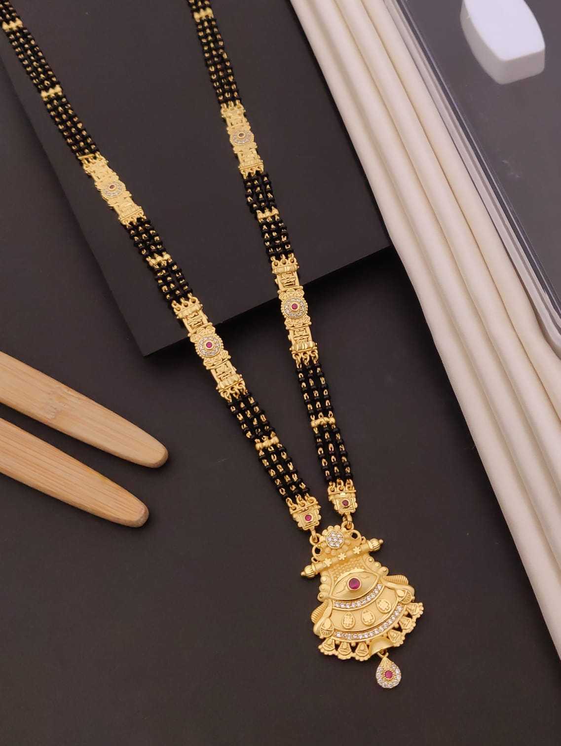 Long Rajwadi Mangalsutra with Engraved Panels and Round Pendant