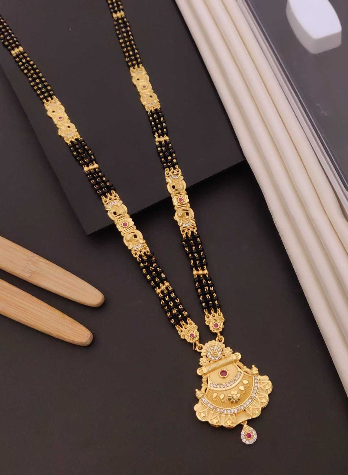 Long Rajwadi Mangalsutra with Engraved Panels and Round Pendant