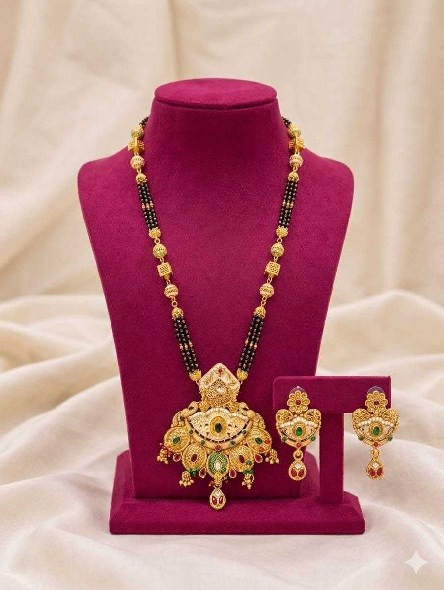 Long Rajwadi Mangalsutra with Floral Fan Pendant and Earrings