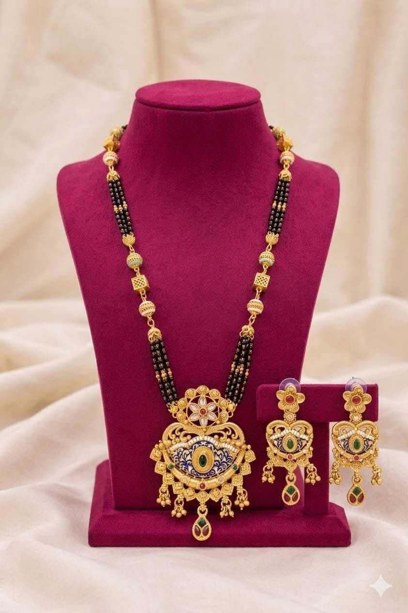 Long Rajwadi Mangalsutra with Floral Fan Pendant and Earrings