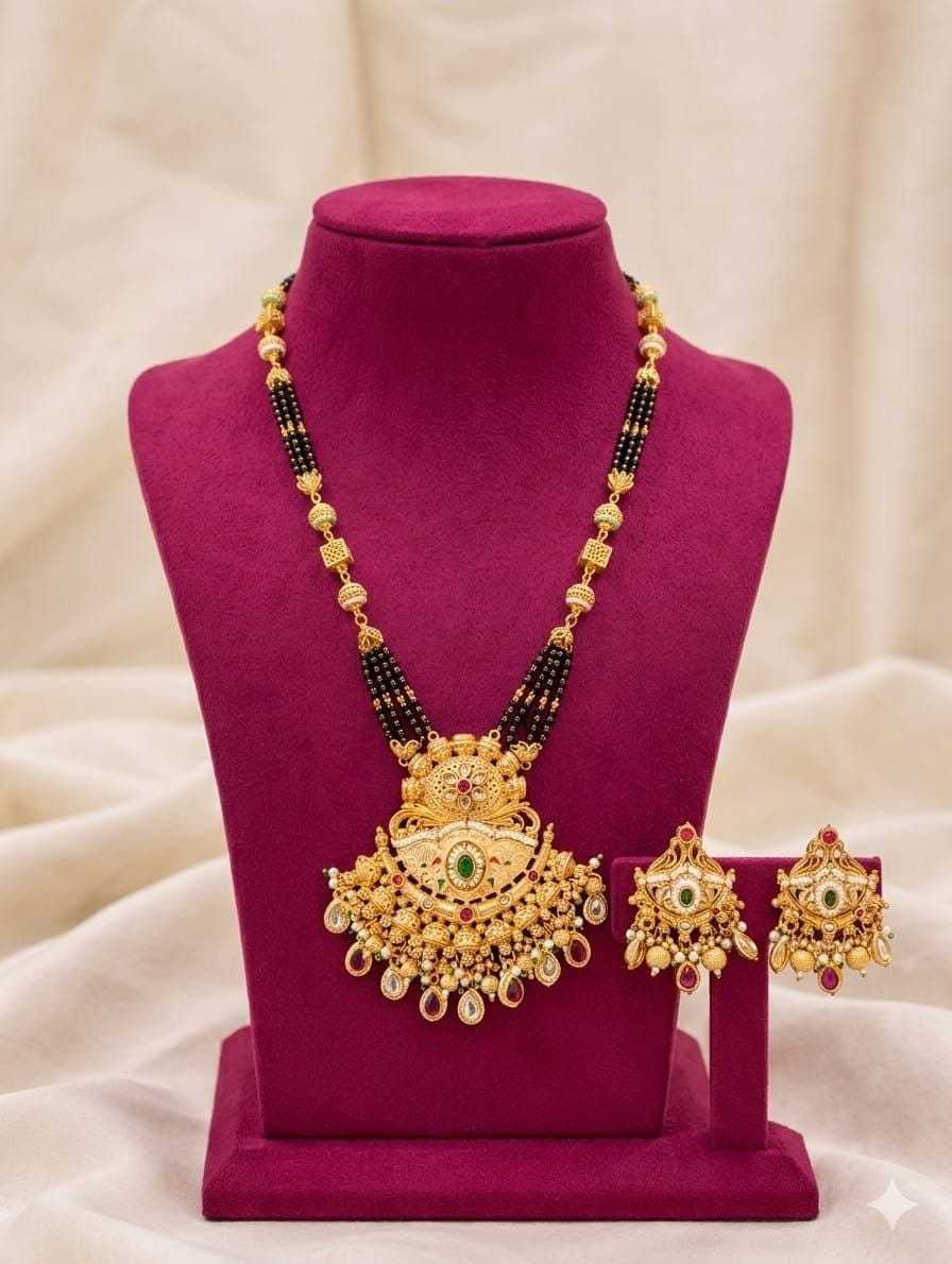 Long Rajwadi Mangalsutra with Floral Fan Pendant and Earrings