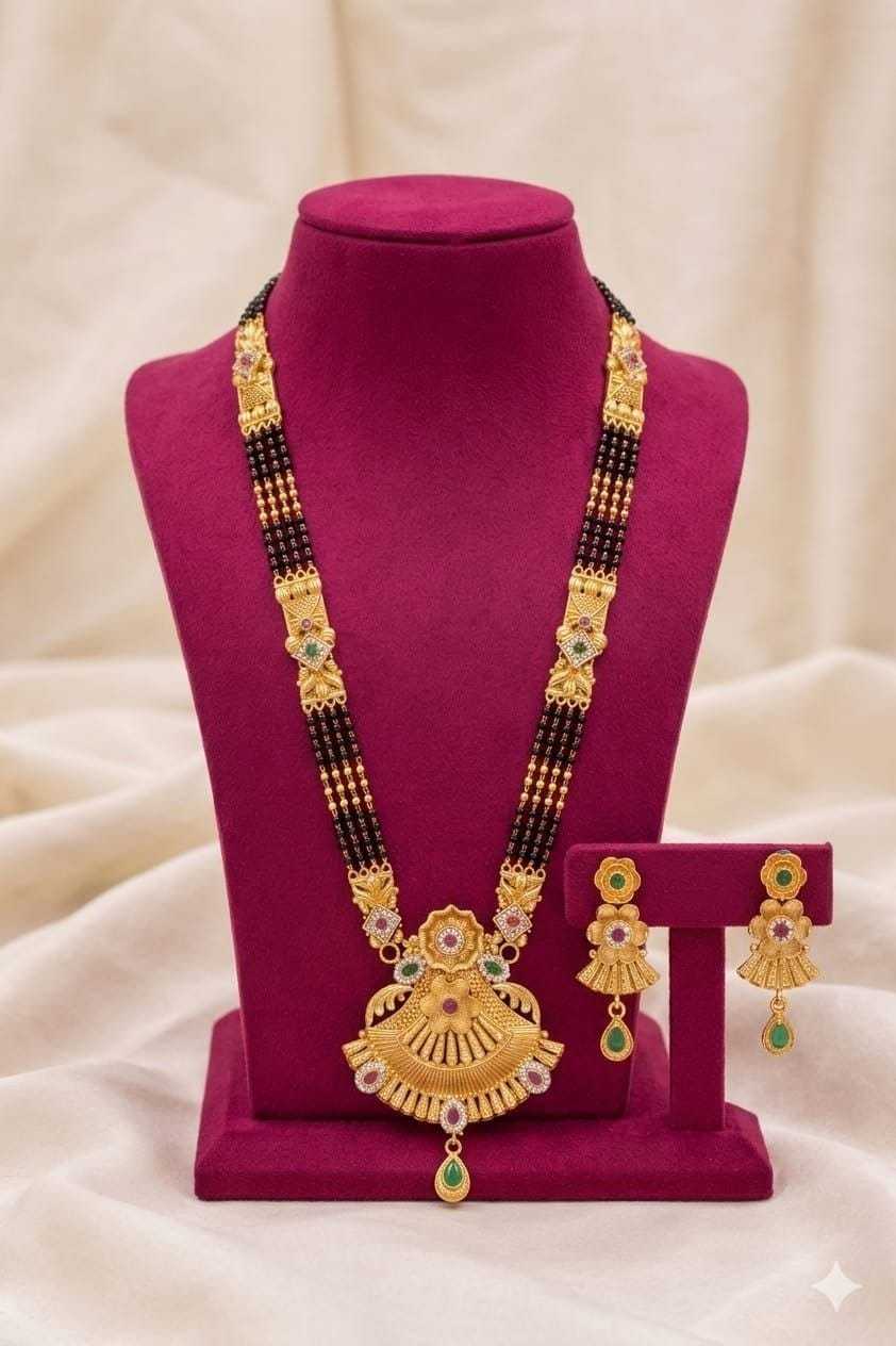 Long Rajwadi Mangalsutra with Floral Fan Pendant and Earrings