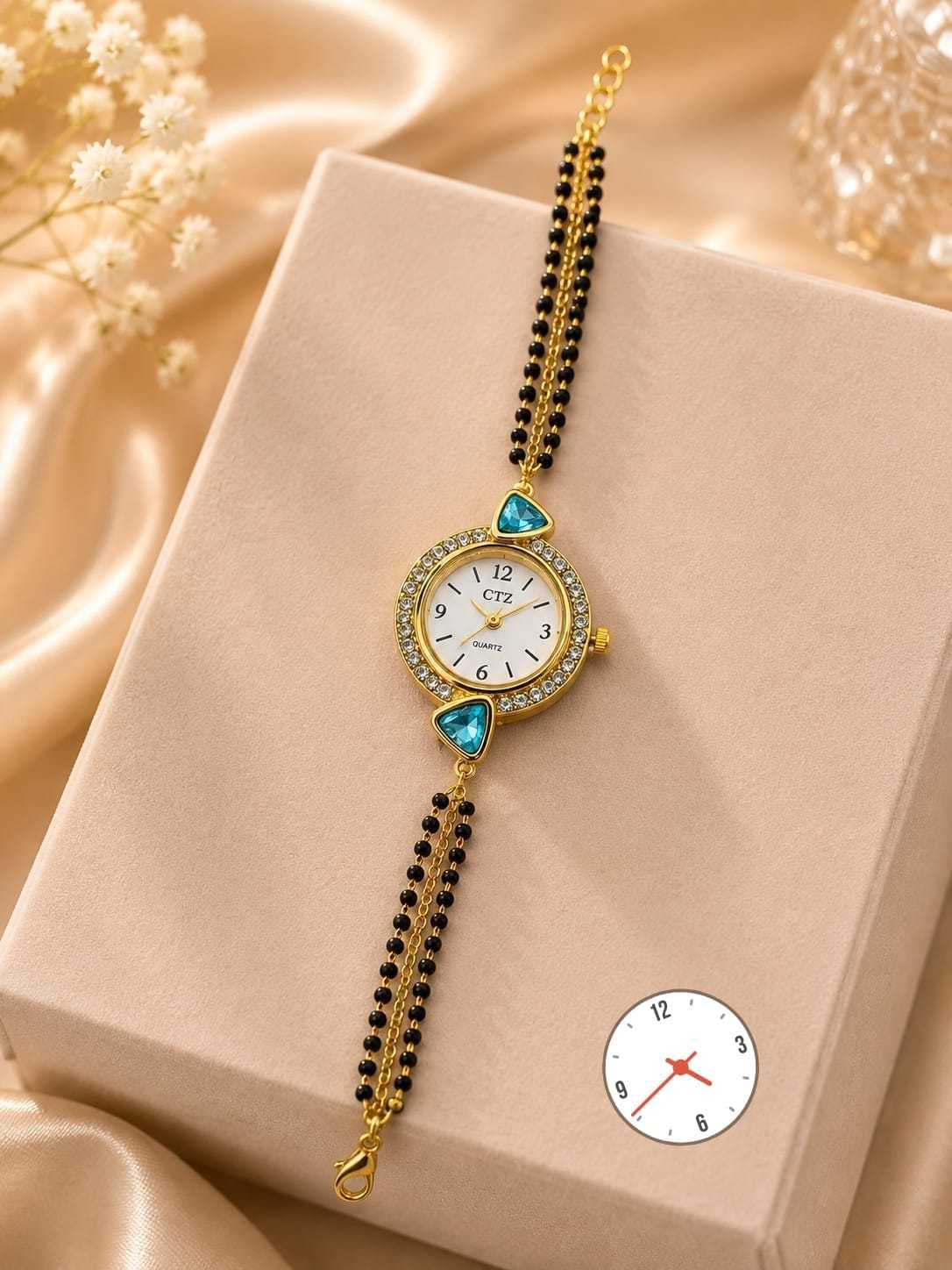 Mangalsutra Bracelet Watch with Crystal Bezel & Aqua Triangle Stones