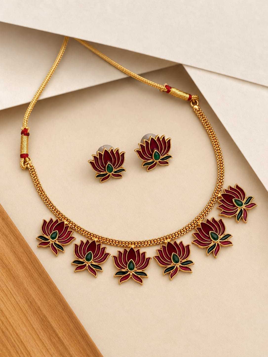 Maroon Lotus Enamel Necklace Set with Lotus Stud Earrings