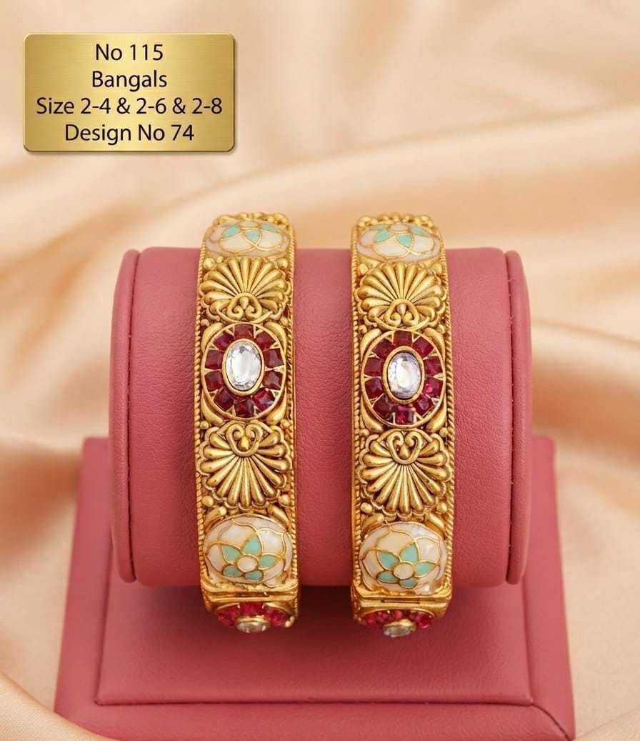 Matte Gold Rajwadi Bangle Pair with Meenakari and Ruby Kundan