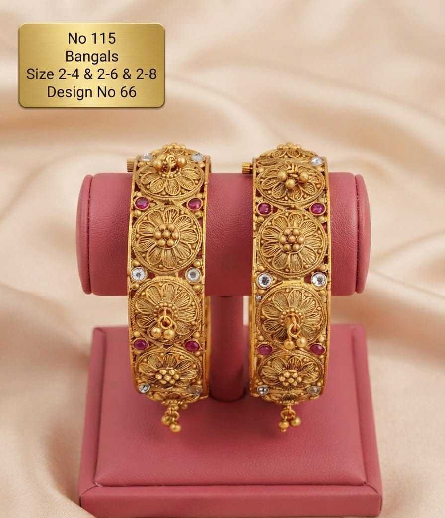 Matte Gold Rajwadi Bangle Pair with Meenakari and Ruby Kundan