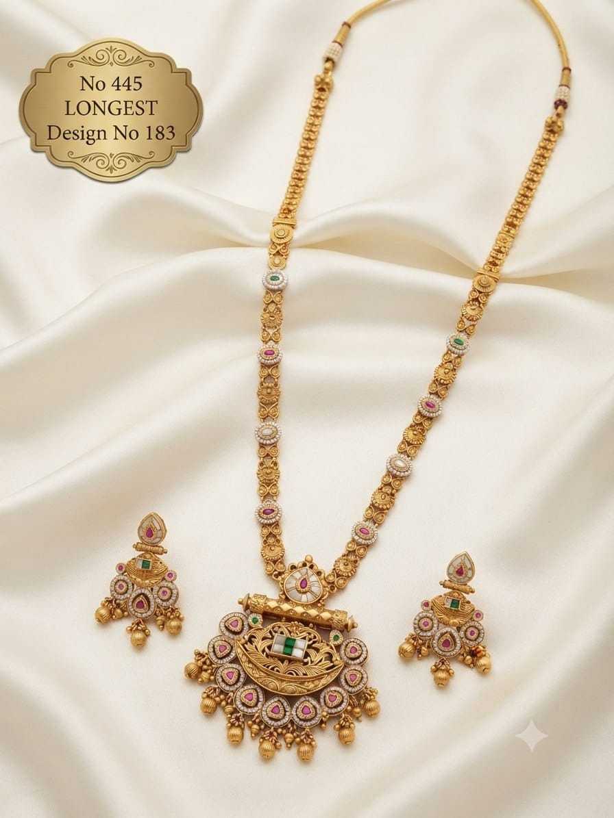 Matte Long Haram Set with Oval Pendant and Ruby Heart Border