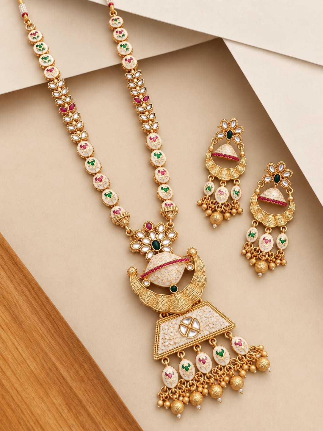 Meenakari Disc Chain Long Set with Kundan Crescent Pendant