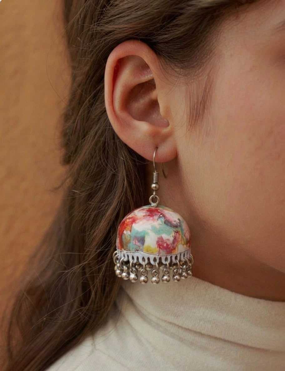 Meenakari Floral Jhumkas with Bead Drops