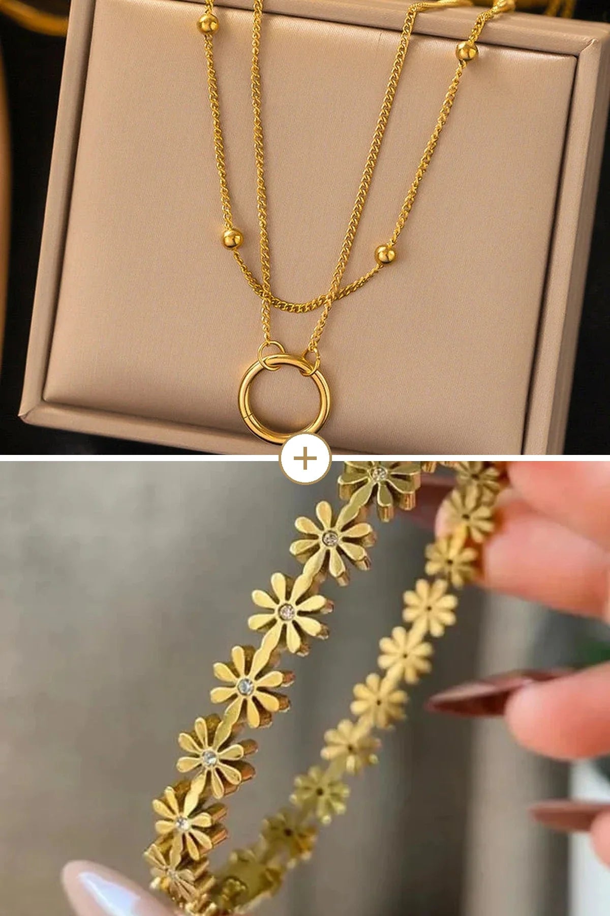 Double layer hoop necklace above a daisy flower bracelet