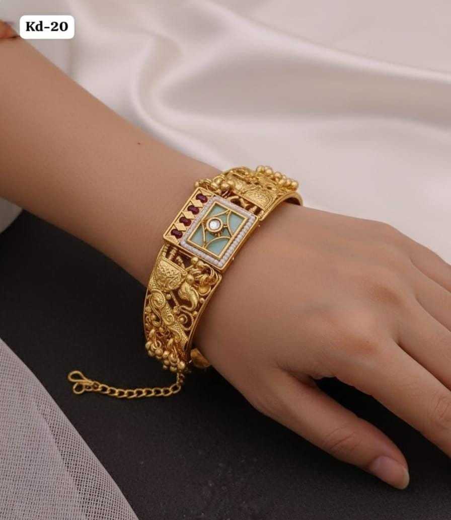 Mint Green Enamel Kada with Peacock Motifs