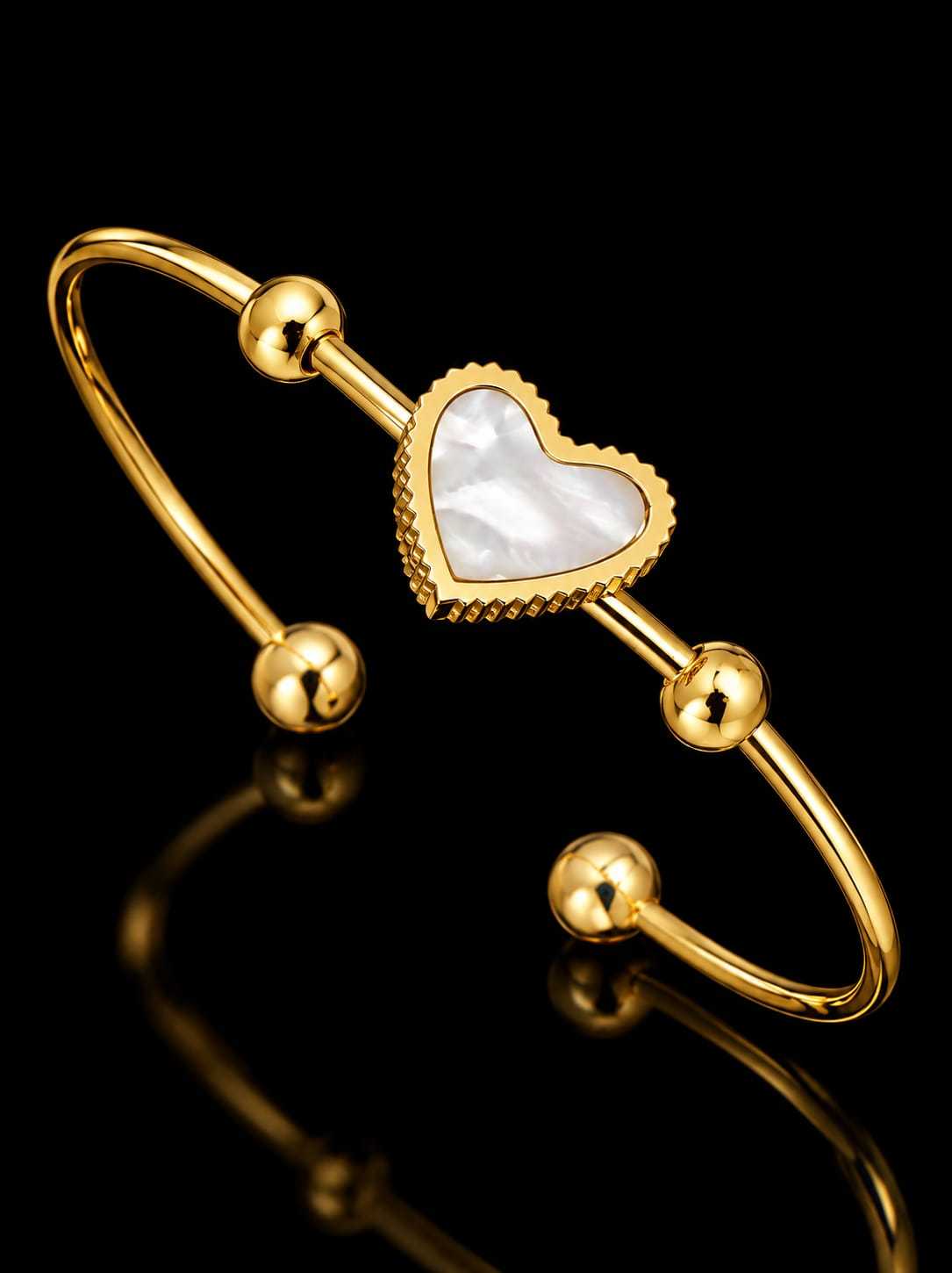 Mother of Pearl Heart and Clover Open Cuff Bangle